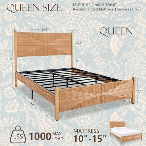 Brafab Queen Size Rattan Bed Frame, Boho Bed Frame with Hand Woven Wicker Headboard & Footboard, Mid-Century Solid Wood Posts and Feet, Metal Slat, No Box Spring Needed, Natural Oak - size: Queen (U.S. Standard)