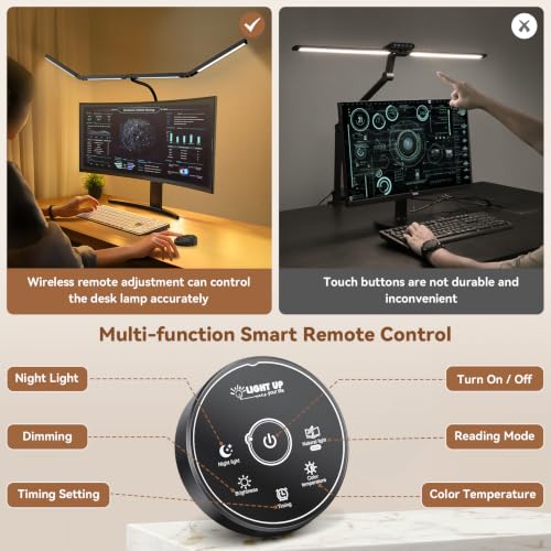 Led Desk Lamps for Home Office - Eye Caring Architect Lamp with Clamp, Double Head Computer Monitor Work Desk Light with Remote Control: 24W Flexible Dimmable Desktop Table Lamp - color: Dark Black