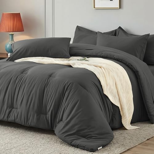 Oversized King Comforter Set 7 Pieces - Ultra-Soft Bed in a Bag, Cozy Luxury All Season Bedding Sets with Comforter, Flat Sheet, Fitted Sheet, 2 Pillow Shams & 2 Pillowcases, Dark Gray - color: Dark Gray, size: Oversized King
