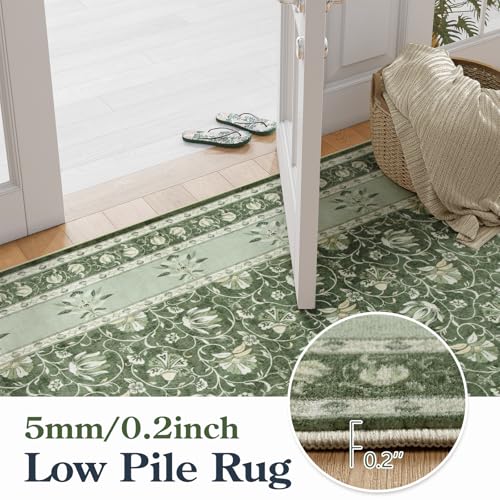 Lahome Green Washable Runner Rug, Low Plie Soft 2x6 Runner Rug Non Slip Kitchen Runner, Vintage Floral Carpet Runners for Bedroom Entryway Bathroom (2'x6', Green) - color: Green, size: 2' x 6'