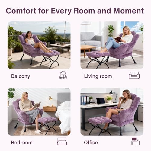 Modern Lazy Chair with Ottoman Lounge Accent Reading Chair for Living Room | Foldable Footstool,Removable Cover,Soft Padded Seat & Backrest,Upholstered Comfy Chair for Bedroom,Dorm,Office,Small Space - color: Plush Purple
