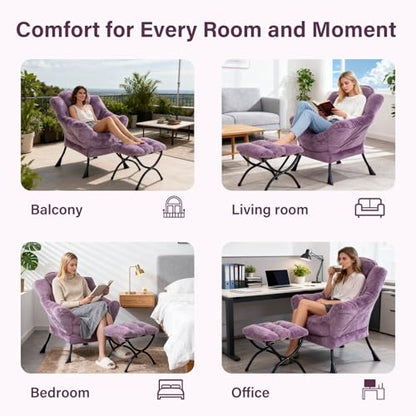 Modern Lazy Chair with Ottoman Lounge Accent Reading Chair for Living Room | Foldable Footstool,Removable Cover,Soft Padded Seat & Backrest,Upholstered Comfy Chair for Bedroom,Dorm,Office,Small Space - color: Plush Purple