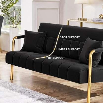 Yaheetech 56.5" Smal Sofa 2 Seater Couch with Gold-Tone Legs, Black | Small Sofa Loveseat Velve 2 Seater Couch with Tufted Back Gold Metal Frame 2 Pillows for Office, Studio,Living Room - color: Black, size: 56.5" W