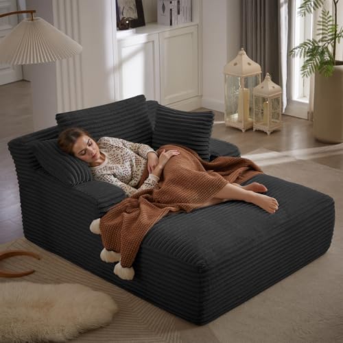 67 Inch Oversized Chaise Lounge Chair Indoor, Corduroy Upholstered Boneless Sofa Bed, Deep Seat Sleeper Couch Reading Chairs, Cloud Sofas Couches for Living Room, No Assembly Required (Black) - color: Black, size: 50"W x 67"D