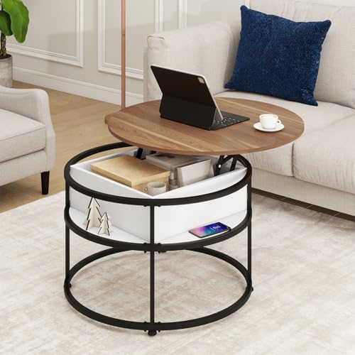 Tangkula Lift Top Coffee Table, 31.5” Round Center Table with Hidden Compartment & Side Shelves, 2-Tier Small Accent Cocktail Table for Small Spaces, Living Room, Apartment (Brown & White) - color: Brown & White