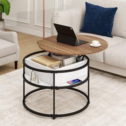 Tangkula Lift Top Coffee Table, 31.5” Round Center Table with Hidden Compartment & Side Shelves, 2-Tier Small Accent Cocktail Table for Small Spaces, Living Room, Apartment (Brown & White) - color: Brown & White