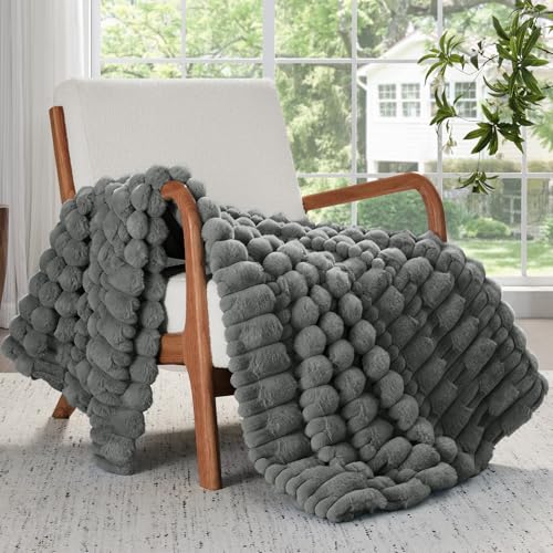 BEDELITE Faux Fur Grey Throw Blanket Soft Plush Striped for Couch, 50x60 | Reversible Faux Fur & Fleece Striped Throw Blanket, Soft & Cozy for Sofa and Bed, Birthday Gift for Women,Room Decor - color: Grey, size: Throw(50"x60")
