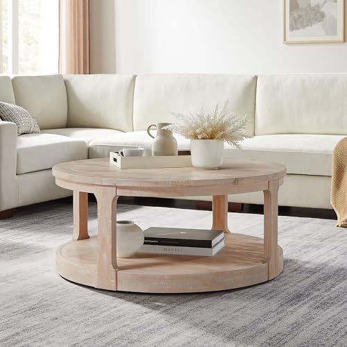 40" Round Coffee Table with Wheels, Circle 2 Tier Solid Wood Center Coffee Table, Mid Century Retro Farmhouse Rounded End Table for Living Room Apartment, ø40 x 17.52" H (Oak) - color: D-40" Oak