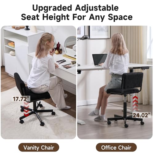 Office Chair Vanity Chair with Wheels | Comfy Desk Chair with Back | Cute Teddy Armless Adjustable Swivel Chair | Small Vanity Stool | for Bedroom Home Computer Task | Black - color: Black