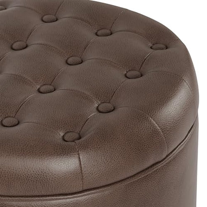 HomePop 19" Faux Leather Button Tufted Round Storage Ottoman - Brown - color: Brown Faux Leather