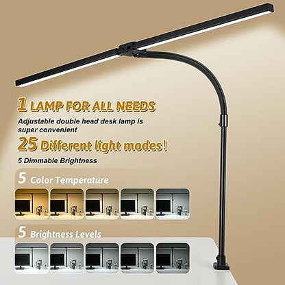LED Desk Lamp with Clamp, 18W Dimmable Light, No Remote | 18W Dimmable Eye-Caring Clamp Light with Anti-Glare Cover and Flexible Gooseneck for Office, Dorm, Home and Study - color: Black-23.6in