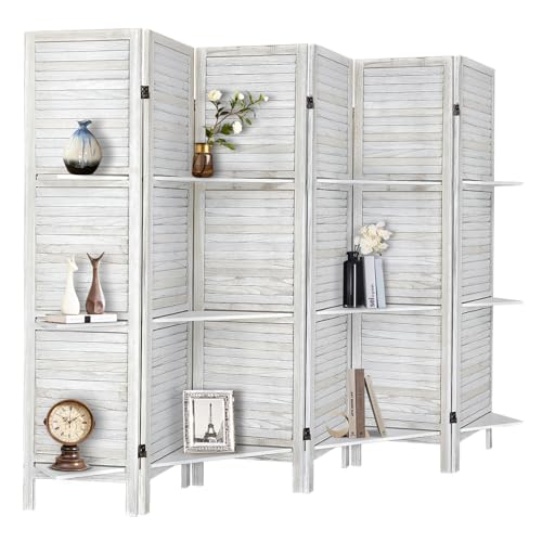 RHF Panel 5.6 Ft Tall Partition Wood Room Divider, Wood Folding Room Divider Screens, Panel Divider&Room Dividers, Room Dividers and Folding Privacy Screens with Shelves (Coconut, 6 Panel) - color: Coconut, style: 6 Panel