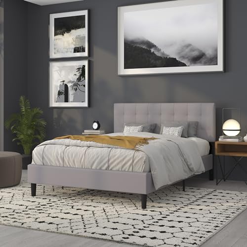 Quilted Tufted Queen Size Headboard in Light Gray Fabric - color: Light Gray, size: Queen