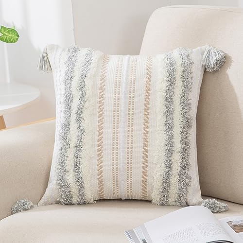 decorUhome Light Grey and Cream White Throw Pillow Cover 18x18 Pack of 1 | Decorative Boho Accent Pillow Cover Neutral Modern Farmhouse Tufted Textured Pillow Cover for Couch Bed Sofa - color: Light Grey and Cream White, size: 18" x 18" (Pack of 1)