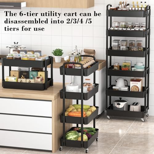 Sywhitta 6-Tier Plastic Rolling Utility Cart with Wheels for Storage,Black | Multi-Functional Storage Trolley, for Office, Living Room, Kitchen, Bathroom,Movable Organizer,Space-Saving,Easy to assemble - color: Black, size: 6-tier