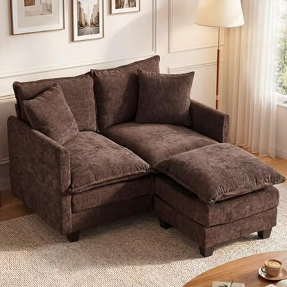 50'' L-Shape Loveseat Sofa with 22" Ottoman, 2 Seat Modern Cloud Couch with 2 Washable Pillows for Small Space Apartment Office Living Room Bedroom, Brown - color: Brown, size: 50"L