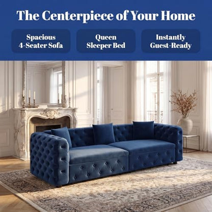 89" 4-Seater Queen Size Pull Out Sofa Bed with 3 Pillows, Blue | 4-Seater Classic Velvet Sofa with Tufted Design,3 Pillows,89" Extra Large 3-in-1 Pull Out Sofa - color: Q-blue-w01