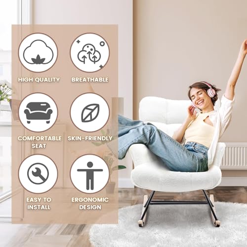 Rocking Chair Nursery Teddy Upholstered Glider Rocker Rocking Accent Chair Padded Seat with High Backrest Armchair Comfy Side Chair for Living Room Bedroom Offices (White Teddy) - color: White