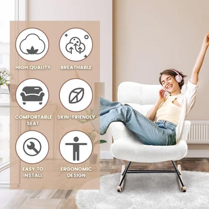 Rocking Chair Nursery Teddy Upholstered Glider Rocker Rocking Accent Chair Padded Seat with High Backrest Armchair Comfy Side Chair for Living Room Bedroom Offices (White Teddy) - color: White
