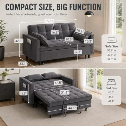 3 In 1 Velvet Convertible Sofa Bed, Pull Out Couch Bed with Reclining Backrest And 2 Pillows, 54" Full Size Loveseat Sleeper Sofa Futon Couch Bed, Couches For Small Spaces, Living Room (Grey) - color: Grey