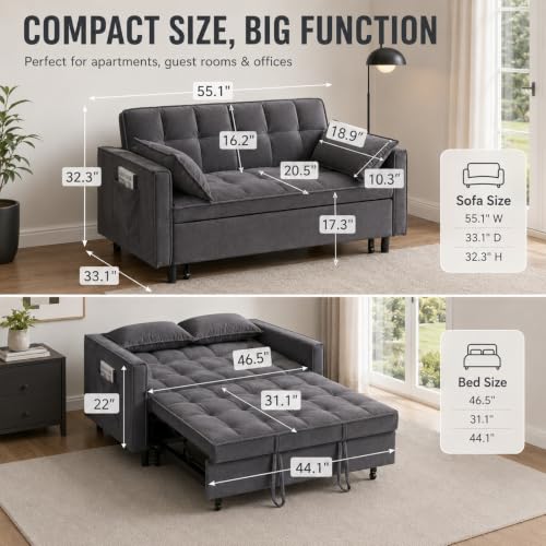 3 In 1 Velvet Convertible Sofa Bed, Pull Out Couch Bed with Reclining Backrest And 2 Pillows, 54" Full Size Loveseat Sleeper Sofa Futon Couch Bed, Couches For Small Spaces, Living Room (Grey) - color: Grey