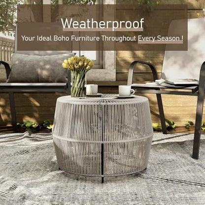 Furniture of America Ysar Boho Rattan Round Coffee Table Outdoor with Metal Frame, All-Weather and Rust Resistant, Handcrafted Coastal Furniture for Patio, Poolside, Garden, Yard, Gray - color: Grey/18.9 In.