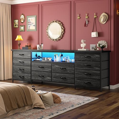 Romorgniz 63" W Dresser for Bedroom, Long Dresser with 12 Fabric Drawers | LED Dresser TV Stand with Power Outlets for 65,70 Inch TVs,Storage Entertainment Center with 2 Wood Shelve,Black Wood Grain - color: Black