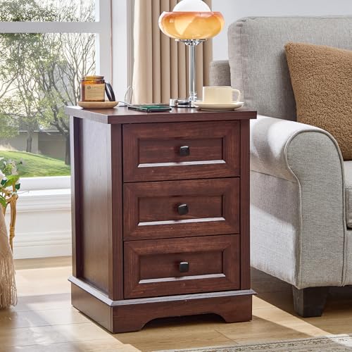 SOOWERY Farmhouse Dresser for Bedroom, 25" Chest of Drawers, Dark Cherry | 3-Drawer Wood Dresser, Farmhouse Style Storage Cabinet, Side Table - color: Dark Cherry, size: 15.9"D x 17.8"W x 25.5"H (3 Drawers)