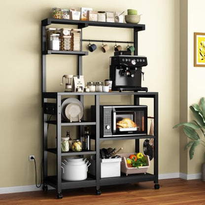 Bakers Rack with Power Outlet, 8-Tier Microwave Cart, Coffee Bar w/ 6 Hooks | 8-Tier Bakers Rack with Power Outlet, Coffee Bar Station & Microwave Cart, Metal Kitchen Storage Shelf with Wheels - color: Black