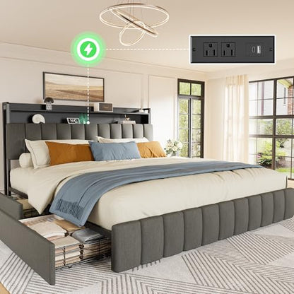 Bed Frame King Size with Upholstered Headboard & Charging Station, King Bed Frame with 4 Storage Drawers, 2-Tier Open Shelves, No Box Spring Needed, Slient Foam Strip, Easy Assembly, Grey - color: Grey, size: King