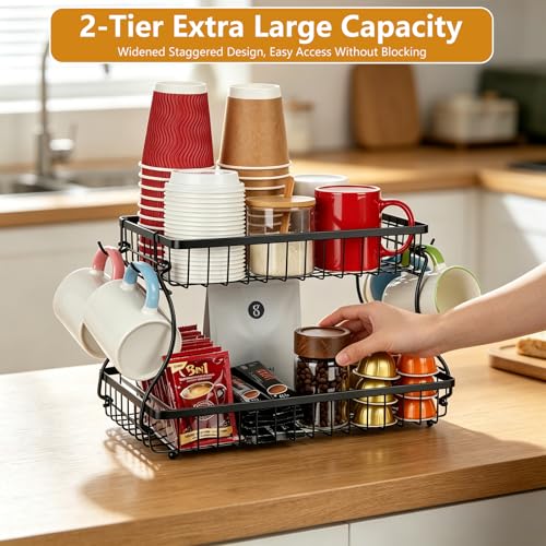 Coffee Mug Holder, Metal Cup Holder Rack with 2 Tier Storage Base, Coffee Mug Holder for Countertop Kitchen Storage Tea Kcup with 4 Hooks - color: 2-Tier (Wire Basket)