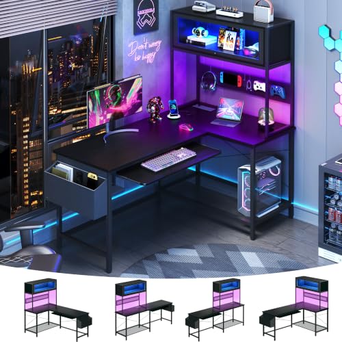 L Shaped Gaming Desk with Power Outlets & LED Lights, 39'' Small Reversible Computer Desk with Hutch & Pegboard & Display Cabinet, Corner Home Office Desk with Keyboard Tray & Storage Bag, Black - color: Black, size: 39 Inch
