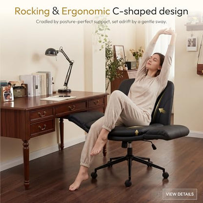 Dowinx Criss Cross Chair with Five-Level Adjustable Arms and Wheels - Comfortable Ergonomic PU Leather Swivel Vanity Chair - Computer Makeup Gaming Chair for Home Office, Bedroom, Living Room (Black) - color: All Black
