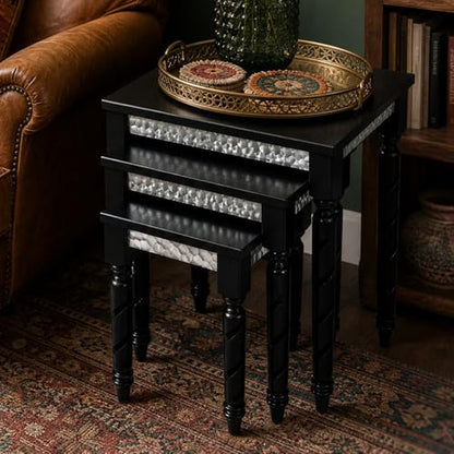 Hyfirm Black Nesting Tables Set of 3 - Mid Century Modern Accent End Tables with Durable Veneered Top, Spiral Wood Legs & Hexagonal Silver Apron, Ideal for Living Room, Bedroom & Small Apartments - color: Black Top+silver Apron