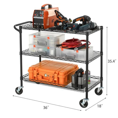 Finnhomy 3 Tier Heavy Duty Commercial Grade Utility Cart, Wire Rolling Cart with Handle Bar, Steel Service Cart with Wheels, Kitchen Carts on Wheels, Metal Cart Shelf Size 18" D x 36" W, NSF, Black - size: 36"L x 18"W x 35.4"H-3 Tier, style: Black Cart