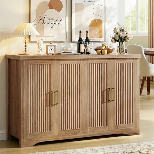 Fluted Sideboard Buffet Cabinet with Storage 55.59",Natural Oak | Sideboard Cabinet Modern Credenza with Doors & Adjustable Shelves Modular Coffee Bar Media Console for Dining Room Entryway - color: Natural Oak06, size: 1 Piece