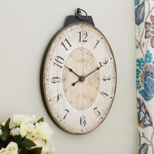 24" H x 18" W Large French Country Oval Wall Clock for Living Room Decor, Rustic Farmhouse Wall Clock Decorative, Solid Wood Frame with Iron Hanging Ring, Silent Non-Ticking Battery Operated - color: 29 Inch Oval Wall Clock