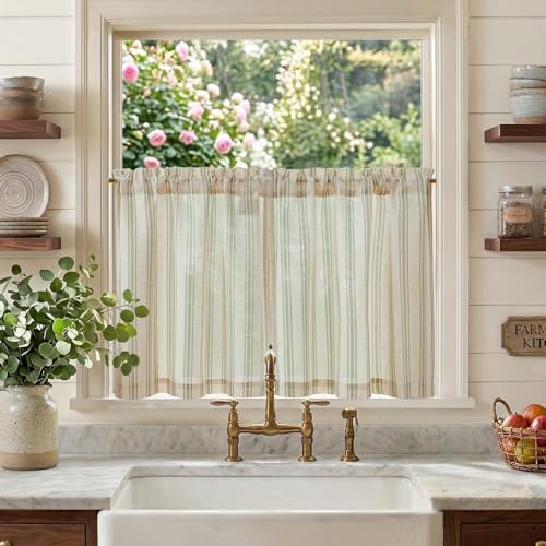 jinchan Striped Linen Kitchen Curtains 24 Inch Cafe Tier Curtains Balanced Stripe Farmhouse Small Drapes for Bathroom Laundry Over Sink Half Window Light Filtering 2 Panels Sage Green on Linen - color: Striped Green on Linen, size: 26"W x 24"L (Pack of 2)