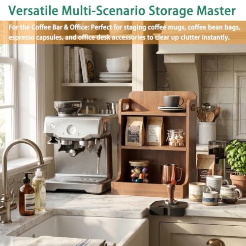 Solid Wood 3-Tier Spice Rack Countertop Organizer Kitchen Storage Shelf | Sturdy wood desktop shelf for spices, coffee bars & bathroom vanities. Features portable handles & full back stability.