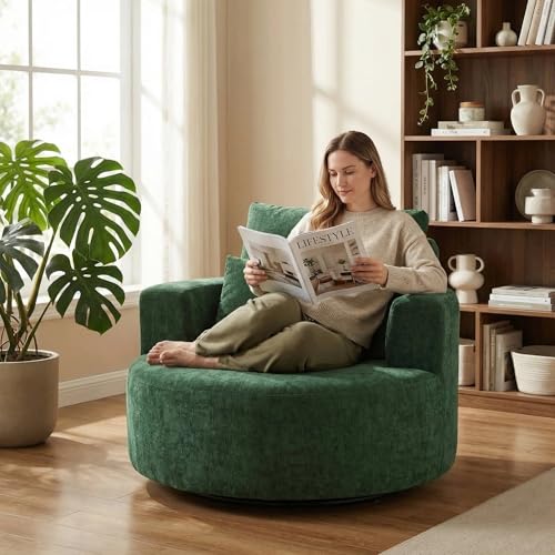 Furnimart 360° Swivel Oversized Barrel Chair, Chenille Upholstered Round Accent Chair with High Density Sponge, No Assembly Lazy Sofa for Living Room Bedroom Office (Green) - color: Chenille Green