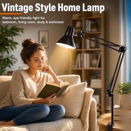 Black Desk Lamp with Clamp, Extra-Tall Adjustable Metal Swing Arm, 3000K | Manicurist Table Lamp for Nail Work, Drafting, Sewing, Crafting, College Dorm and Home Office, A19 Bulb Included