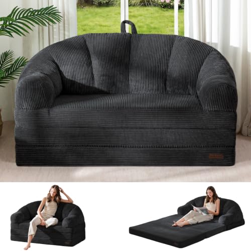 MAXYOYO Folding Sofa Bed with Backrest, Boneless Fold Out Couch with Handle | 2 in 1 Convertible Bean Bag Chair to Floor Sofa Lounger, Comfy Folding Couch for Bedroom & Living Room, Black, Loveseat - color: Black, size: Loveseat