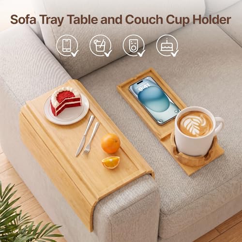 Bamboo Sofa Armrest Tray, Foldable Couch Arm Tray Side Table, 2 in 1 Anti-Falling Armrest Tables Cup Holder for Snacks, Drinks, Beers, Phone, Control, Flexible and Portable, Anti-Slip - color: Bamboo