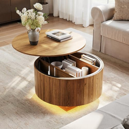 kepptory Round Lift Top Coffee Table with LED Lights, Mid Century Modern Wooden Coffee Tables with 3 Storage Space, Circle Center Table for Living Rooms,Dining Room,Bedroom Home Office,APP LED Lights - color: Walnut2