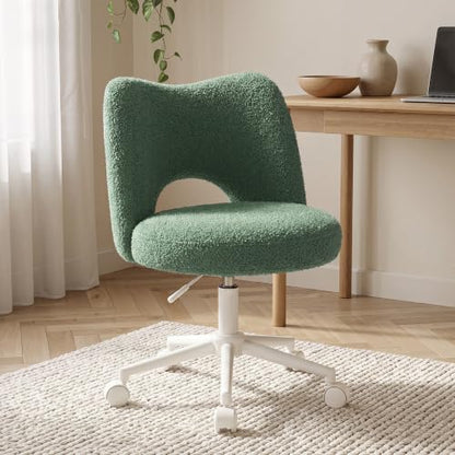 DurayLoly Vanity Chair with Wheels,Open Back,Armless,Green | Soft Teddy Fabric, 6" Thick Cushion, Height Adjustable, 300 lbs, 360° Swivel for Vanity Table, Home Office - color: Green