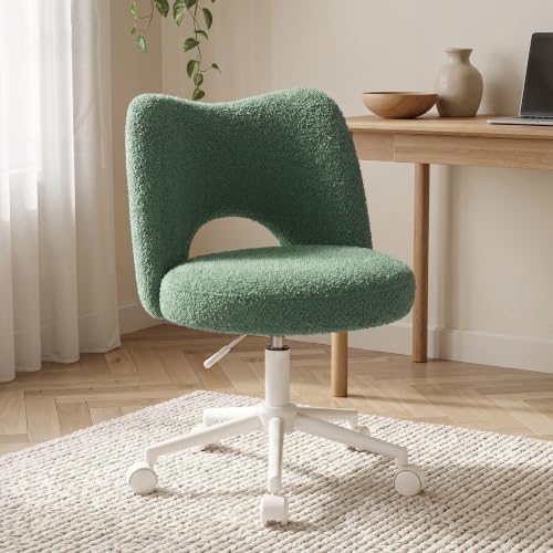 DurayLoly Vanity Chair with Wheels,Open Back,Armless,Green | Soft Teddy Fabric, 6" Thick Cushion, Height Adjustable, 300 lbs, 360° Swivel for Vanity Table, Home Office - color: Green