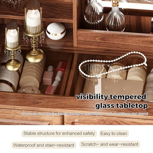 Arulvmrn 43" Makeup Vanity Desk with Mirror and Lights, & Power Outl, Glass Top Big Vanity Table with 9 Drawers& 8 Storage Shelves, Dressing Table Set with Chair for Bedroom, Walnut - color: Walnut