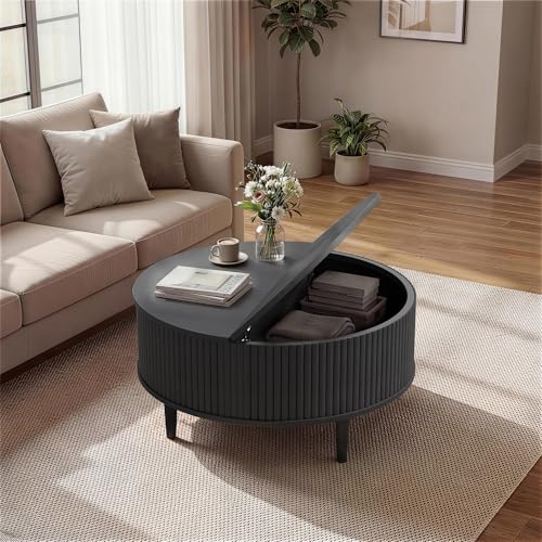 31.5" Round Coffee Table with Lifting Top, Storage for Living Room, Black | Fluted Center Table, Mid Century Modern Design for Home Office and Small Space with 4 Hidden Compartments - color: Black