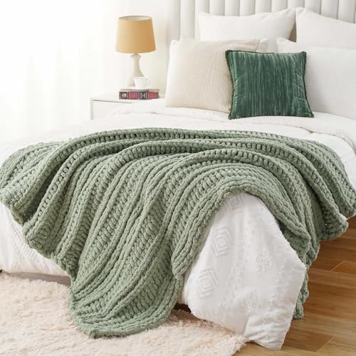 Battilo Chunky Knit Throw Blanket for Couch, 50"x60", Sage Green | Sage Blanket Hand Knit Cozy Warm Thick Soft Chenille Throw Blanket for Bed, Sofa, Chair, Living Room - color: Sage Green