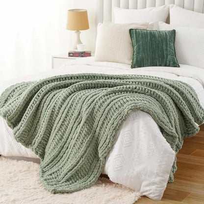 Battilo Chunky Knit Throw Blanket for Couch, 50"x60", Sage Green | Sage Blanket Hand Knit Cozy Warm Thick Soft Chenille Throw Blanket for Bed, Sofa, Chair, Living Room - color: Sage Green